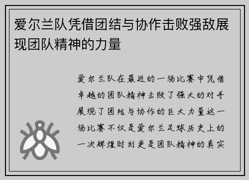 爱尔兰队凭借团结与协作击败强敌展现团队精神的力量