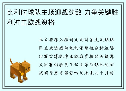 比利时球队主场迎战劲敌 力争关键胜利冲击欧战资格