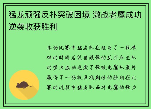猛龙顽强反扑突破困境 激战老鹰成功逆袭收获胜利