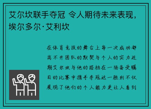 艾尔坎联手夺冠 令人期待未来表现，埃尔多尔·艾利坎